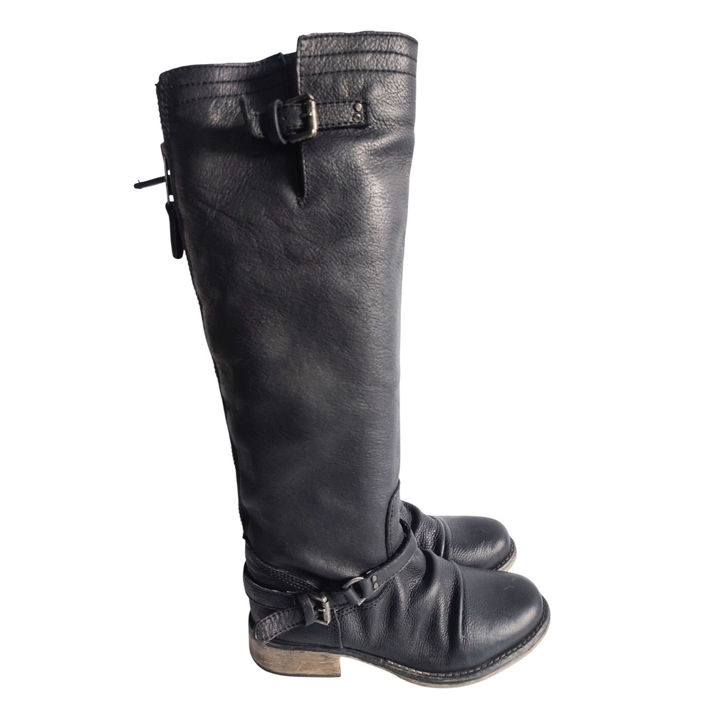 Steve Madden Boots 7.5 Knee High Tall Moto Biker Leather Black Back Zip Ravinn
